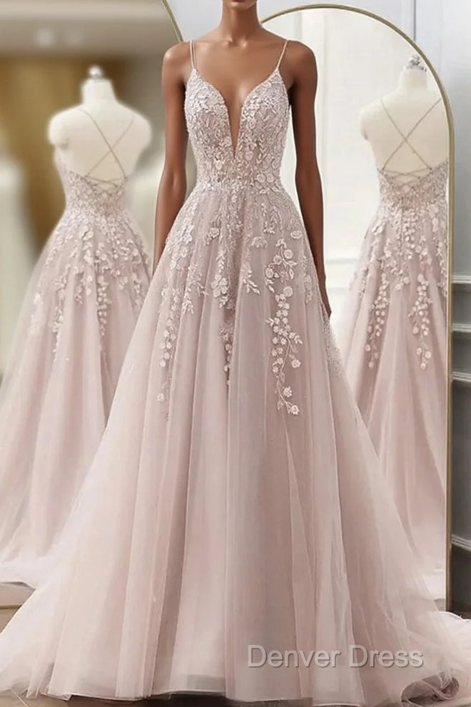 Pink Tulle With Lace Applique Low Back Prom Dresses, Pink A-Line Tulle Party Dresses Main image