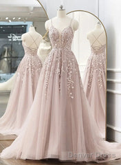 Pink Tulle With Lace Applique Low Back Prom Dress, Pink A-Line Tulle Party Dress