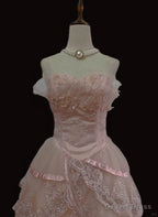 Pink Tulle with Lace Princess Prom Dress, Cute Pink Tulle Prom Dresses
