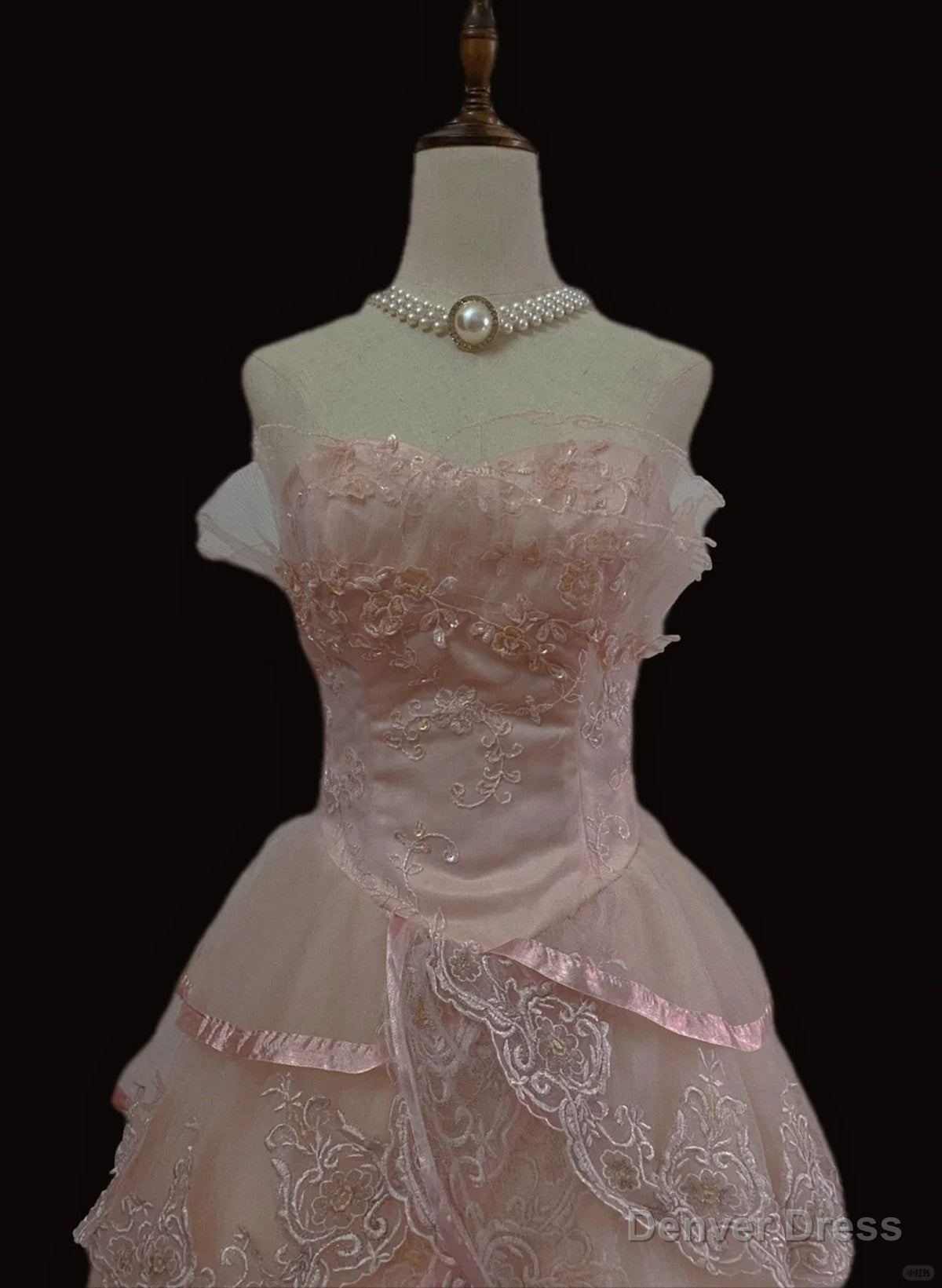 Pink Tulle with Lace Princess Prom Dress, Cute Pink Tulle Prom Dresses