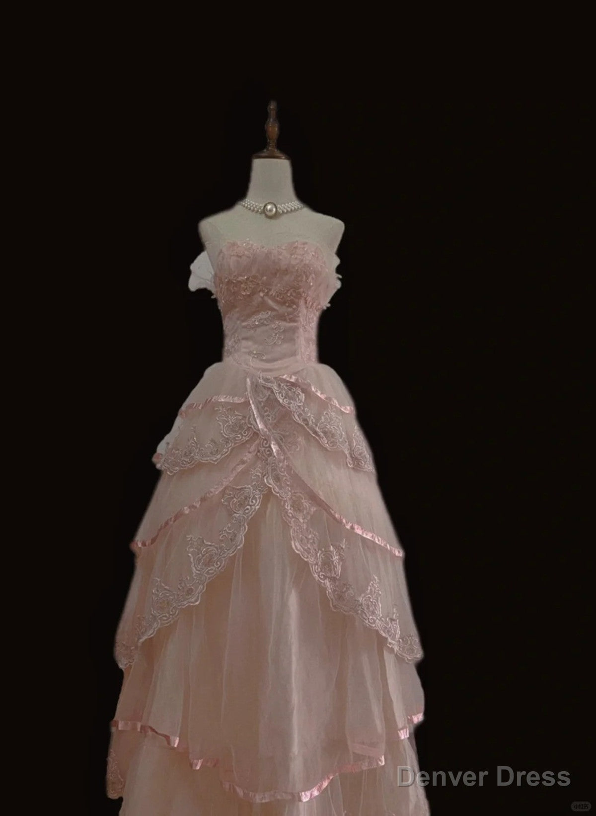 Pink Tulle with Lace Princess Prom Dress, Cute Pink Tulle Prom Dresses Main image