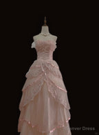 Pink Tulle with Lace Princess Prom Dress, Cute Pink Tulle Prom Dresses