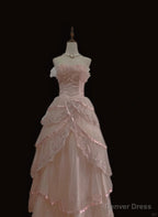 Pink Tulle with Lace Princess Formal Dress, Cute Pink Tulle Prom Dress