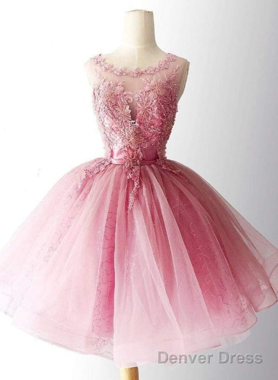 Pink Tulle With Lace Round Neckline Knee Length Prom Dress, Pink Homecoming Dresses