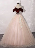Pink Tulle with Velvet Top Long Prom Dress Prom Dres, Ball Gowns Sweet 16 Dresses