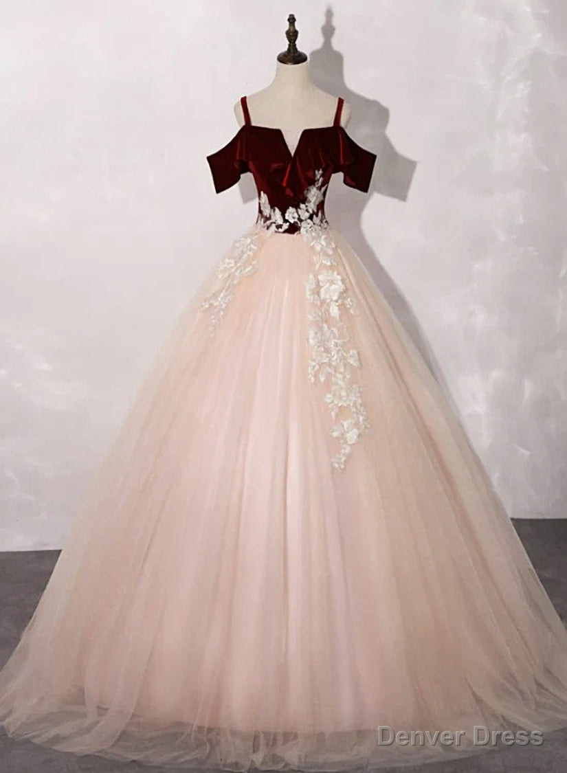 Pink Tulle with Velvet Top Long Prom Dress Prom Dres, Ball Gowns Sweet 16 Dresses