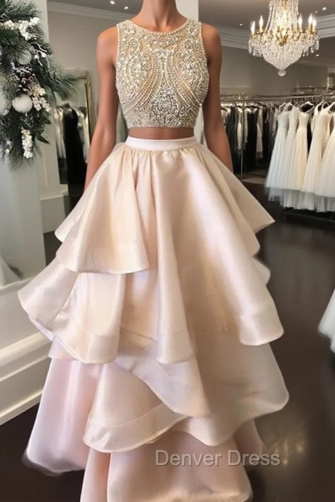 Pink Two Pieces Beaded Long Prom Dresses, Pink Evening Dresses