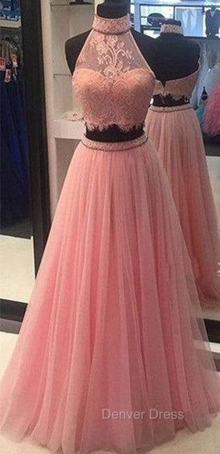 Pink Two Pieces Lace Tulle Long Prom Dresses, Pink Evening Dresses