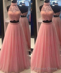 Pink Two Pieces Lace Tulle Long Prom Dress, Pink Evening Dress