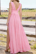 Pink V Neck Chiffon Floor Length Bridesmaid Dress Long Bridesmaid Dresses With Pleated Split