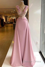 Pink V-Neck Fitted Satin Lace Long Prom Dresses