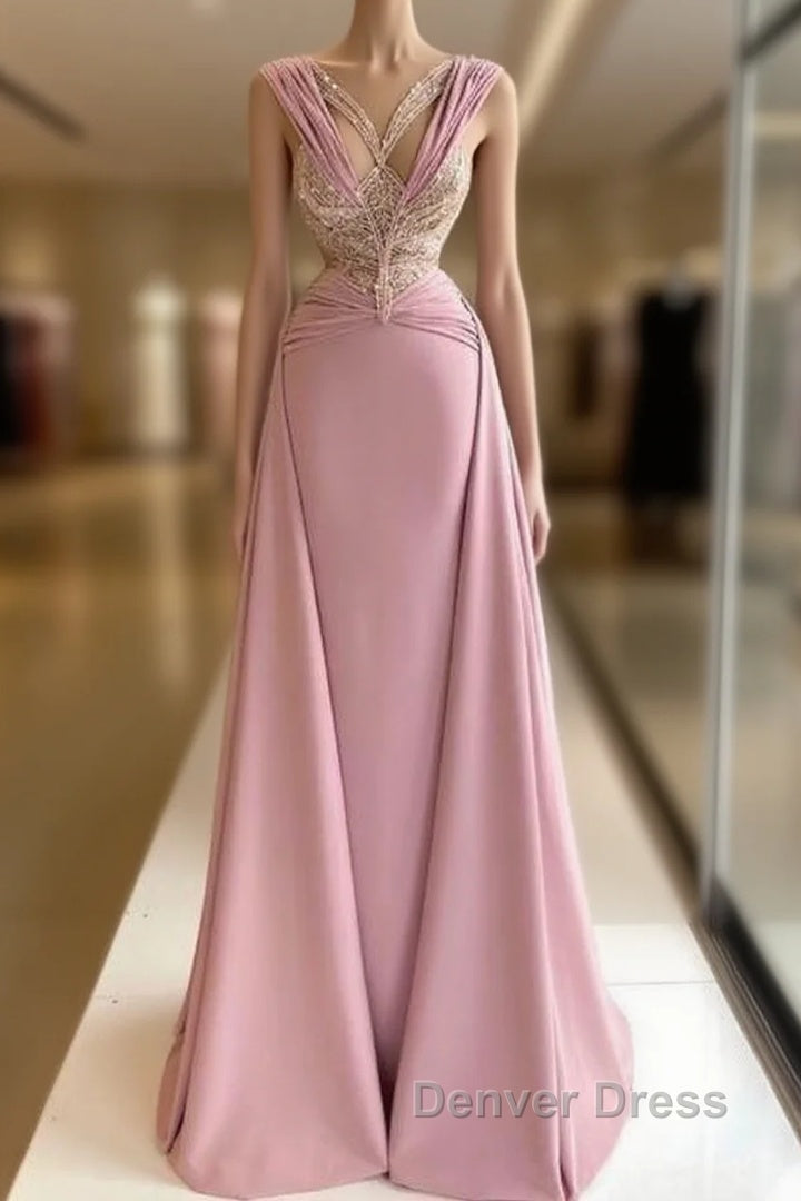Pink V-Neck Fitted Satin Lace Long Prom Dresses