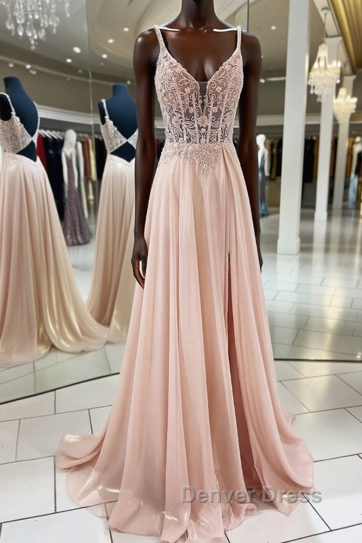 Pink v neck lace chiffon long prom Dress, pink Prom Dresses