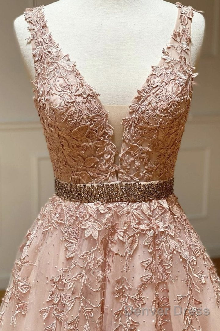 Pink V Neck Lace Long A Line Prom Dress Evening Dress Secondary image