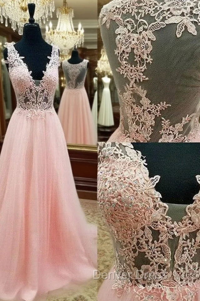 Pink V Neck Lace Long Prom Dresses, Pink Evening Dresses Main image
