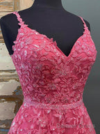 Pink V Neck Lace Long Prom Dresses, Pink V Neck Long Lace Formal Graduation Dresses