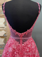 Pink V Neck Lace Long Prom Dresses, Pink V Neck Long Lace Formal Graduation Dresses