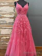Pink V Neck Lace Long Prom Dresses, Pink V Neck Long Lace Formal Graduation Dresses