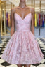 Pink v neck lace short prom Dress, pink lace homecoming Dresses