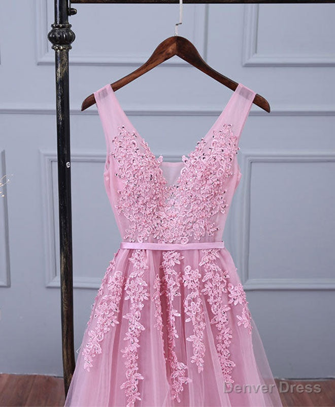 Pink V Neck Lace Tulle Long Prom Dress, Lace Evening Dresses