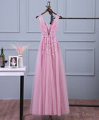 Pink V Neck Lace Tulle Long Prom Dress, Lace Evening Dresses