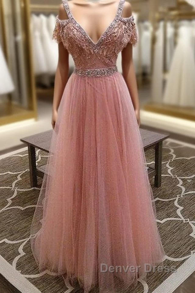 Pink V Neck Lace Tulle Long Prom Dresses, Pink Evening Dresses Main image