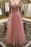 Pink V Neck Lace Tulle Long Prom Dresses, Pink Evening Dresses