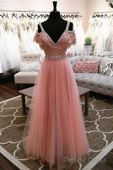 Pink V Neck Lace Tulle Long Prom Dress, Pink Evening Dress