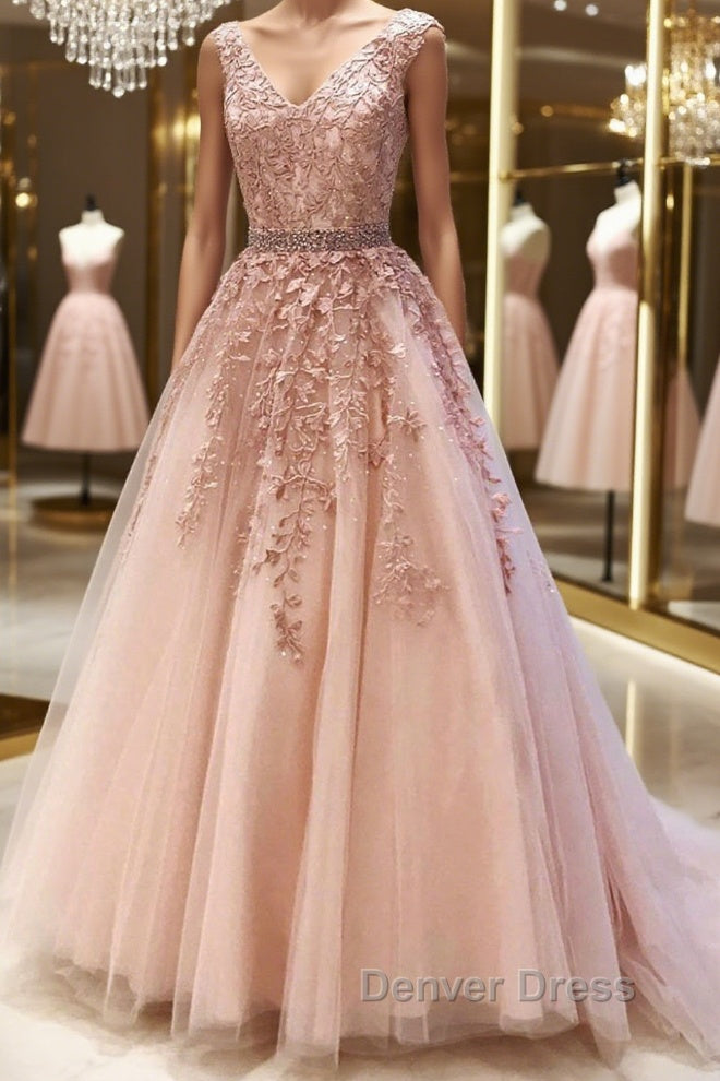 Pink V Neck Long Lace Prom Dress, Pink V Neck Long Lace Prom Dresses