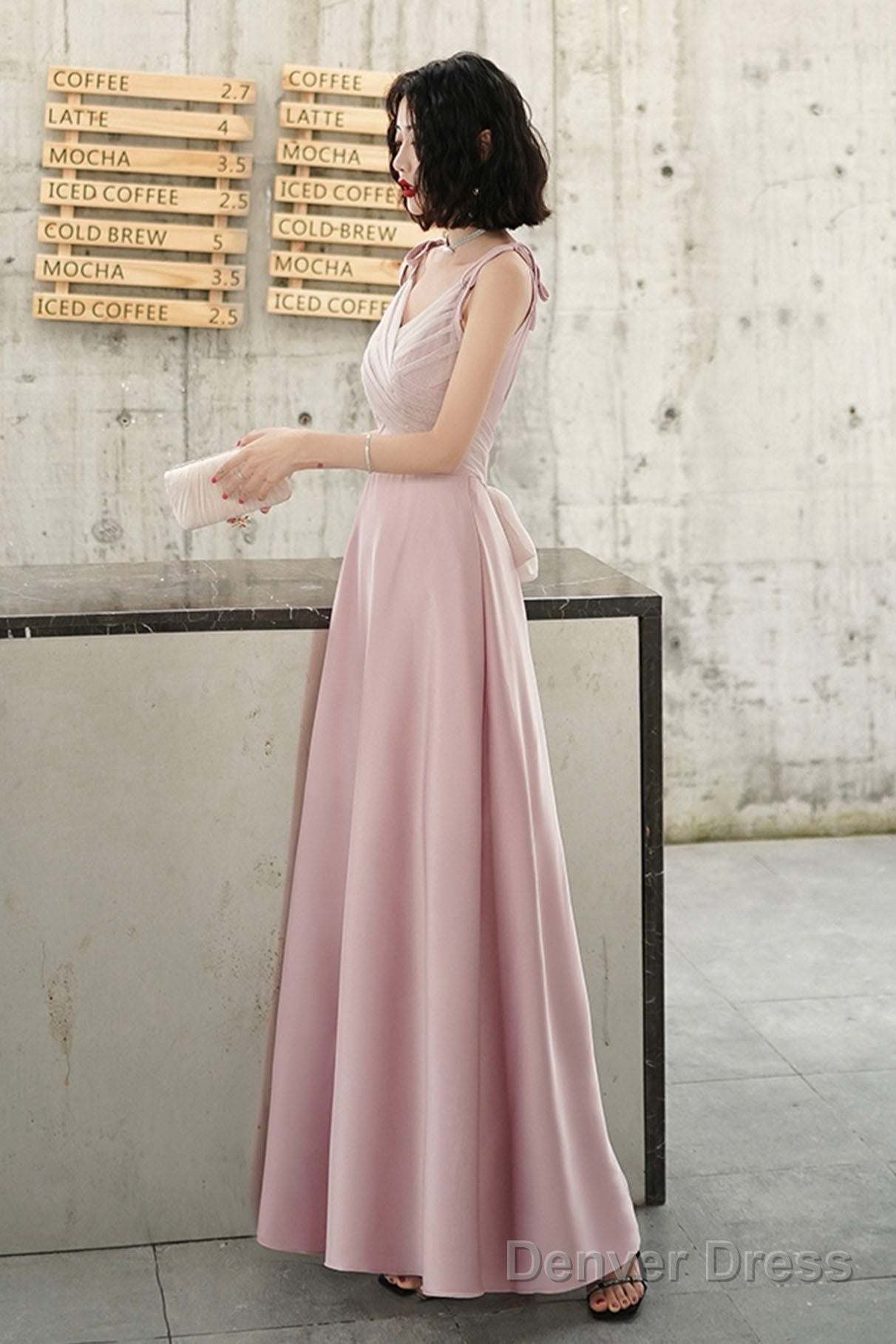 Pink V-Neck Long Prom Dress, Simple Spaghetti Straps Evening Dress