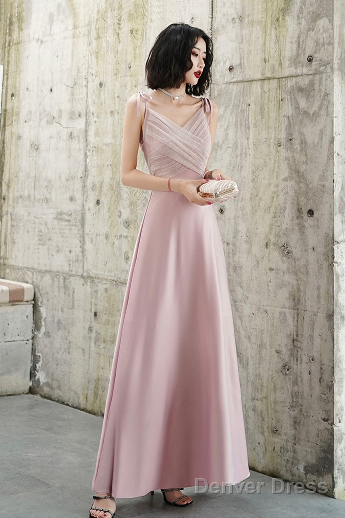 Pink V-Neck Long Prom Dress, Simple Spaghetti Straps Evening Dress Main image