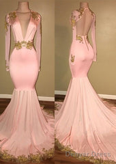 Pink V Neck Long Sleeves Mermaid Prom Dresses Affordable Evening Dresses