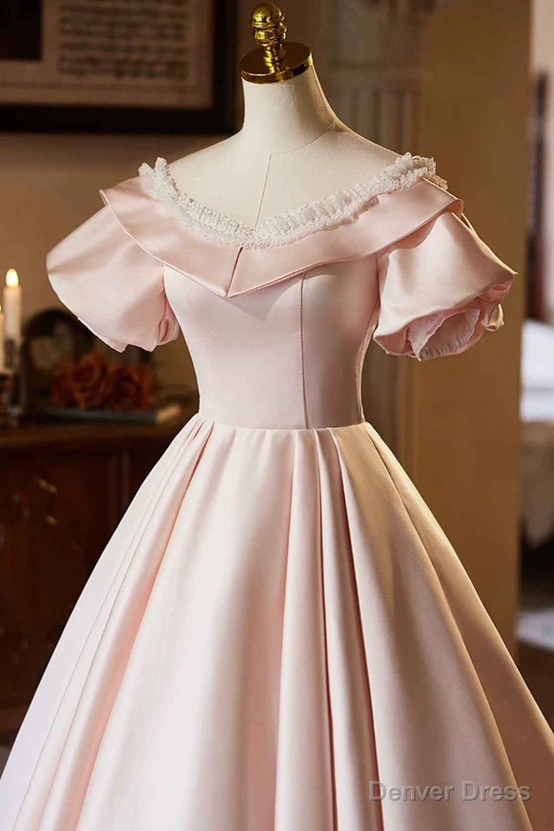 Pink V Neck Satin A Line Prom Dress, Beautiful Short Sleeve Prom Dresses Secondary image