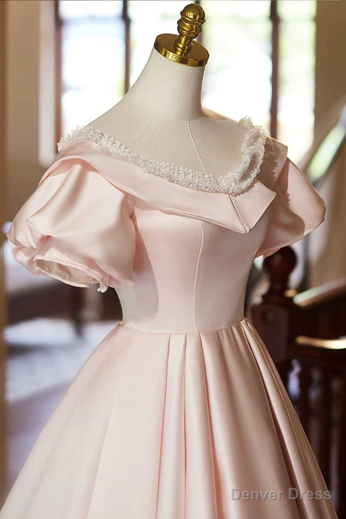 Pink V Neck Satin A Line Prom Dress, Beautiful Short Sleeve Prom Dresses