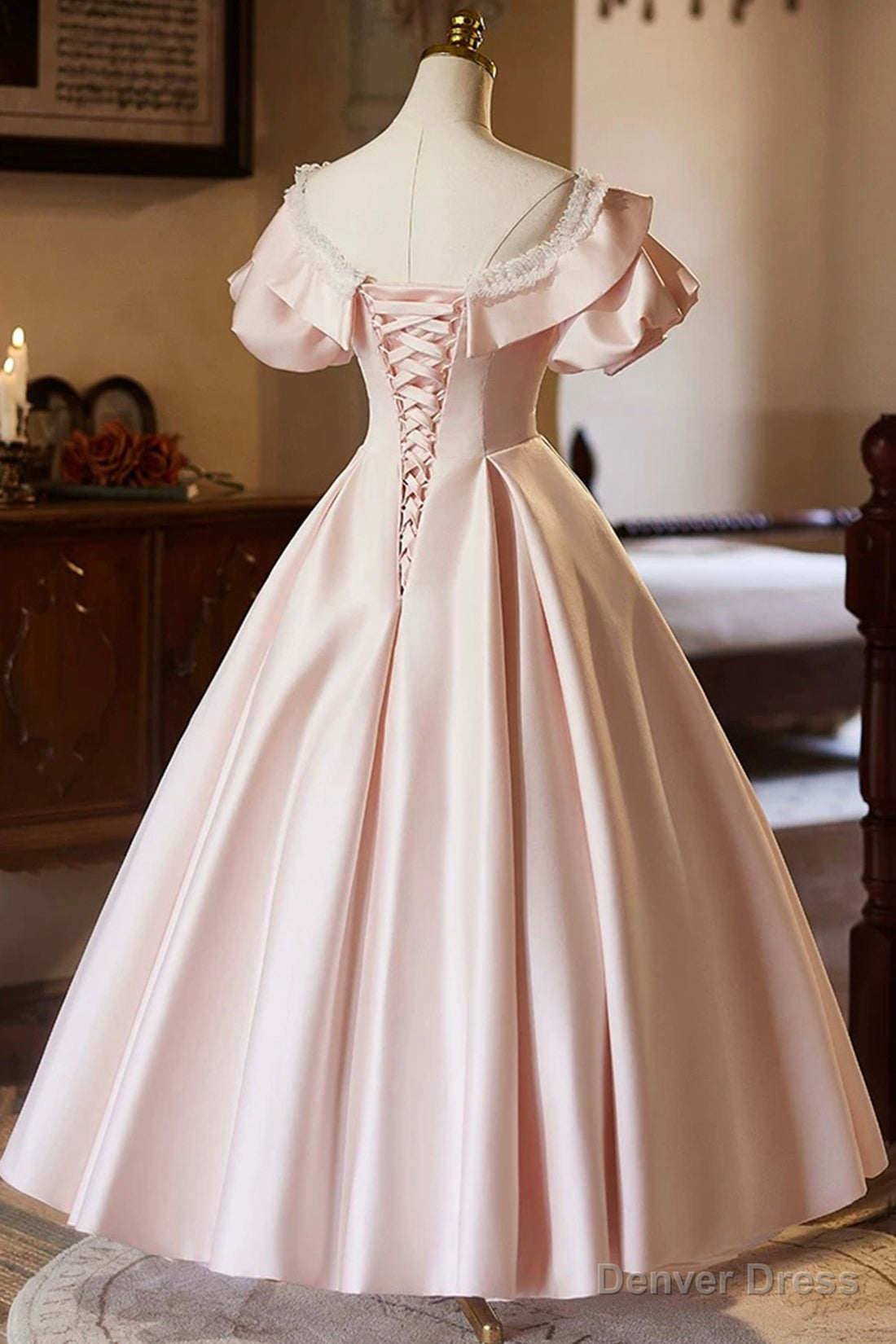Pink V Neck Satin A Line Prom Dress, Beautiful Short Sleeve Prom Dresses