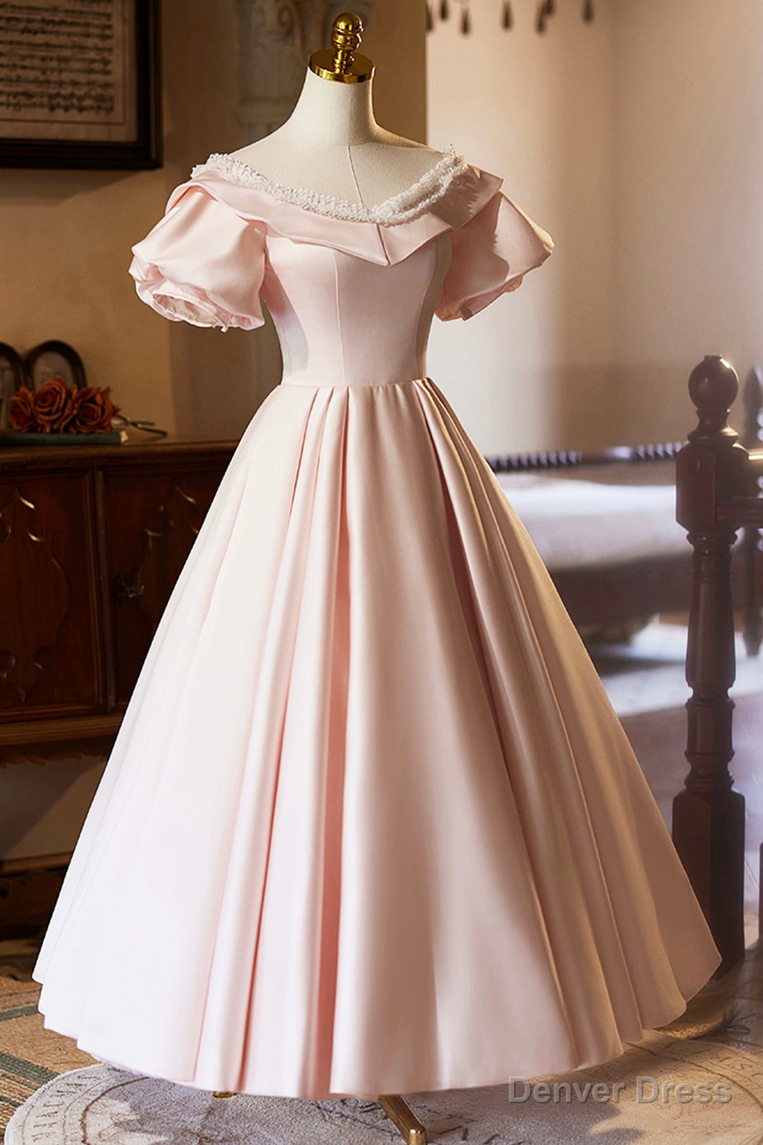 Pink V Neck Satin A Line Prom Dress, Beautiful Short Sleeve Prom Dresses