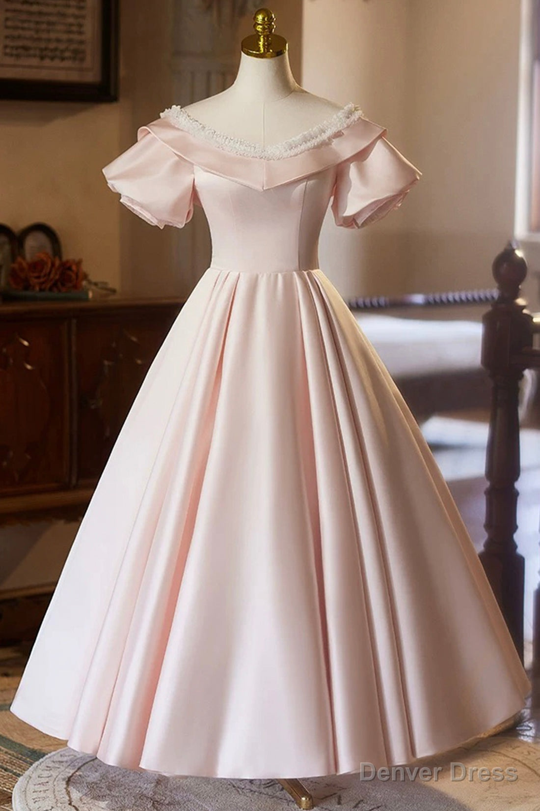 Pink V Neck Satin A Line Prom Dress, Beautiful Short Sleeve Prom Dresses
