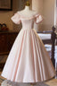 Pink V Neck Satin A Line Prom Dress, Beautiful Short Sleeve Prom Dresses