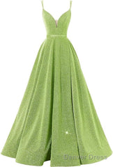Pink V Neck Sequin A Line Prom Dress With Slit