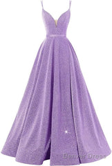 Pink V Neck Sequin A Line Prom Dress With Slit