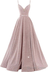 Pink V Neck Sequin A Line Prom Dress With Slit