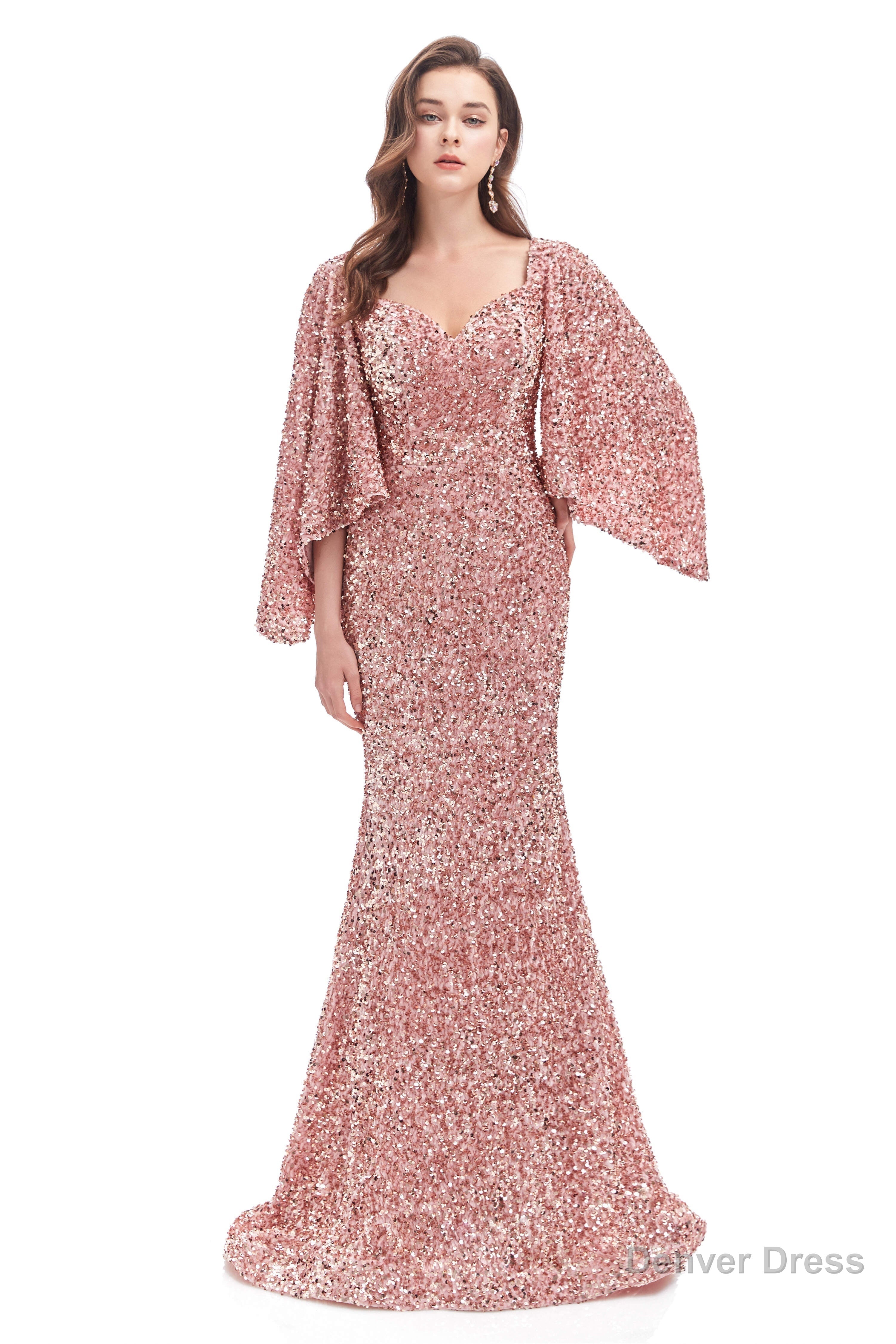 V Neck Sequins Mermaid Prom Dresses with Sleeves