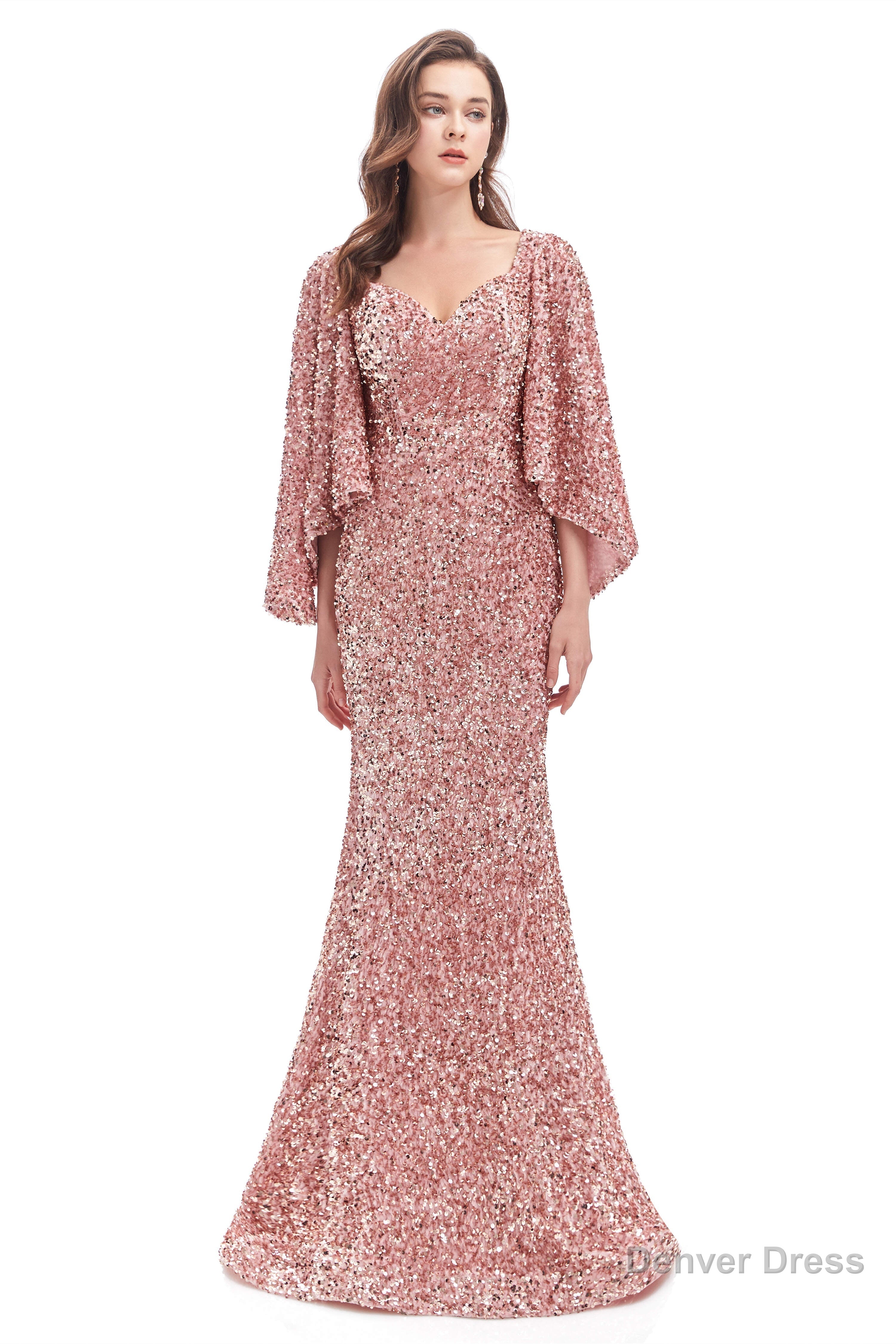 V Neck Sequins Mermaid Prom Dresses with Sleeves