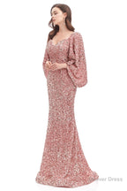 V Neck Sequins Mermaid Prom Dresses with Sleeves