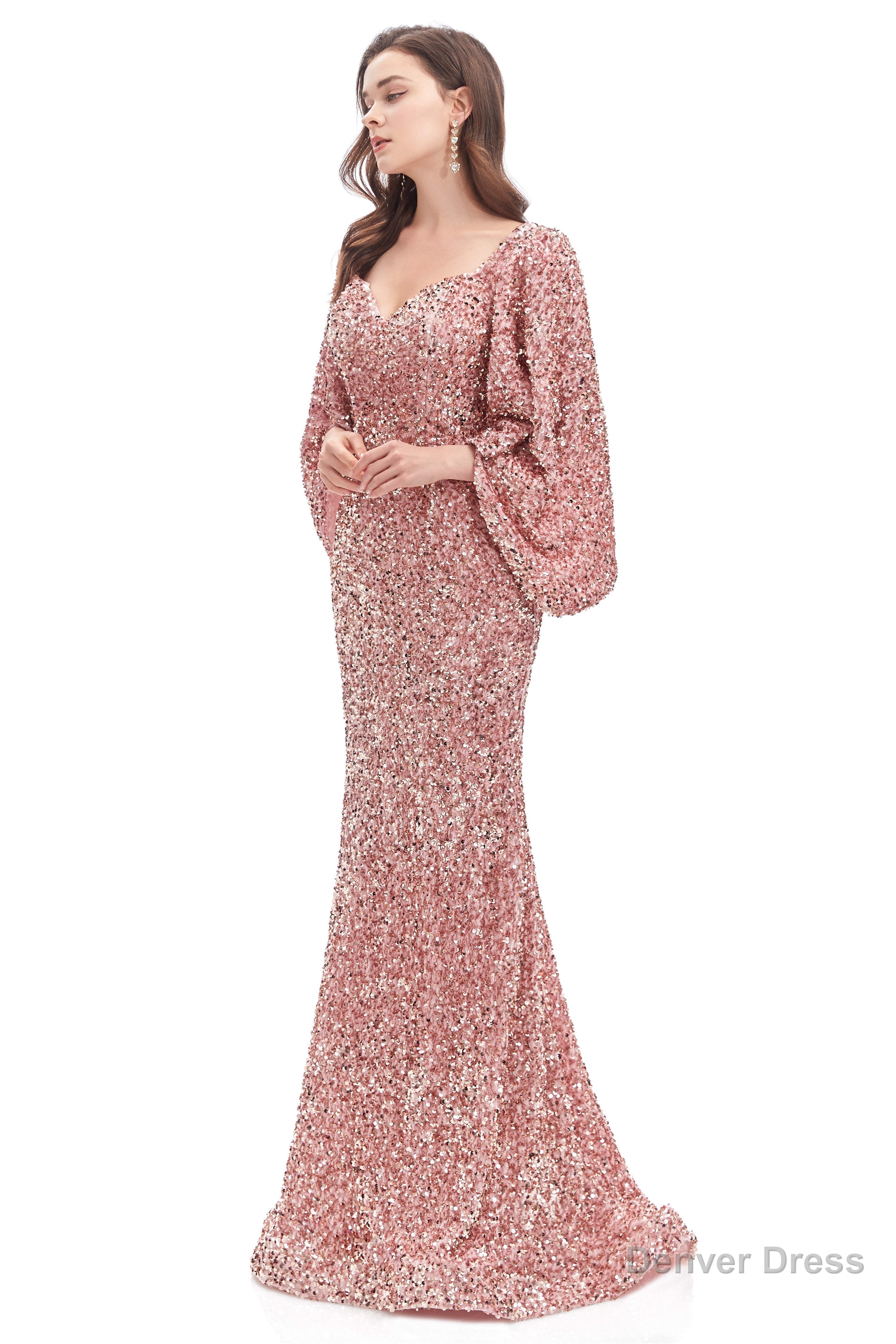V Neck Sequins Mermaid Prom Dresses with Sleeves