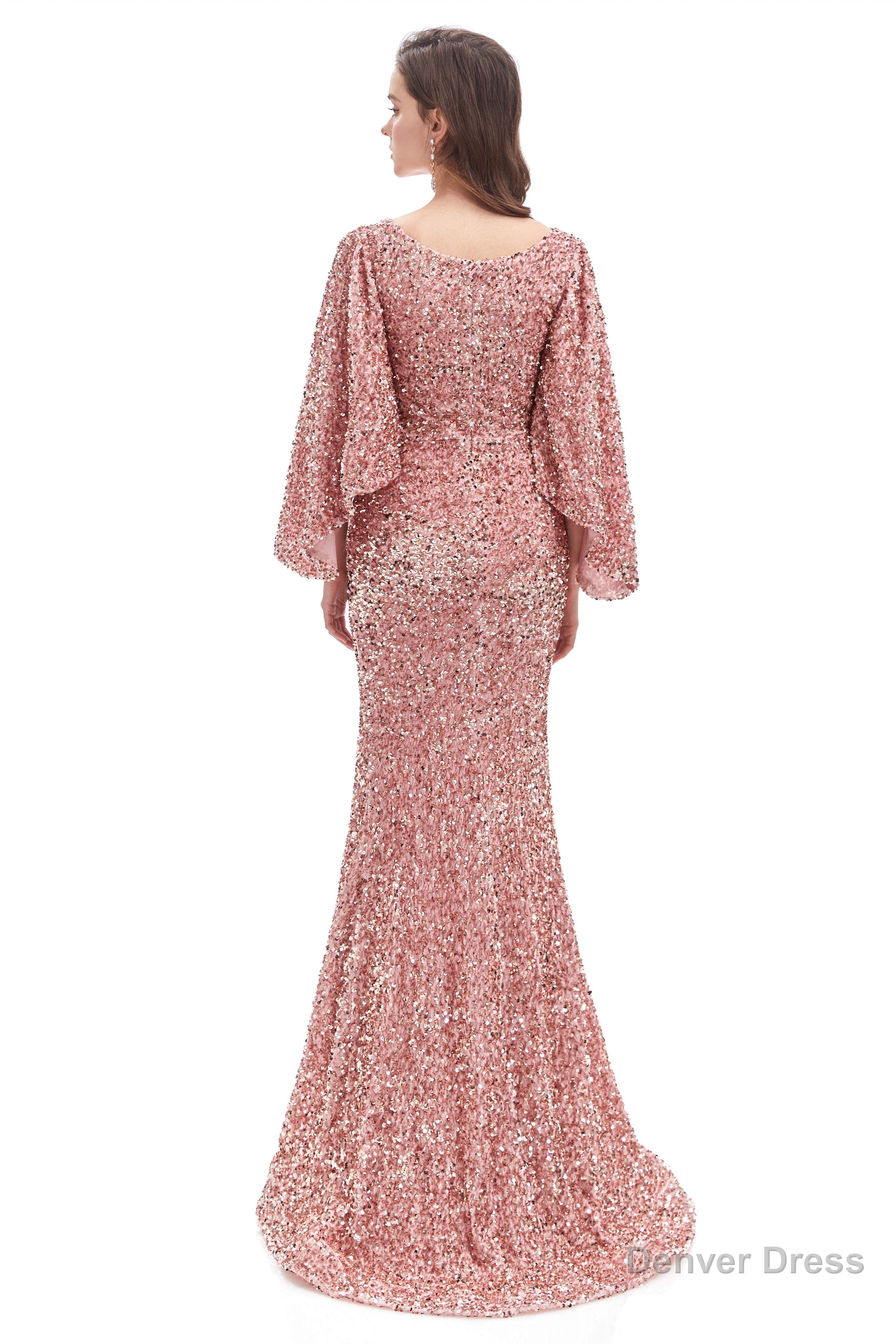 V Neck Sequins Mermaid Prom Dresses with Sleeves