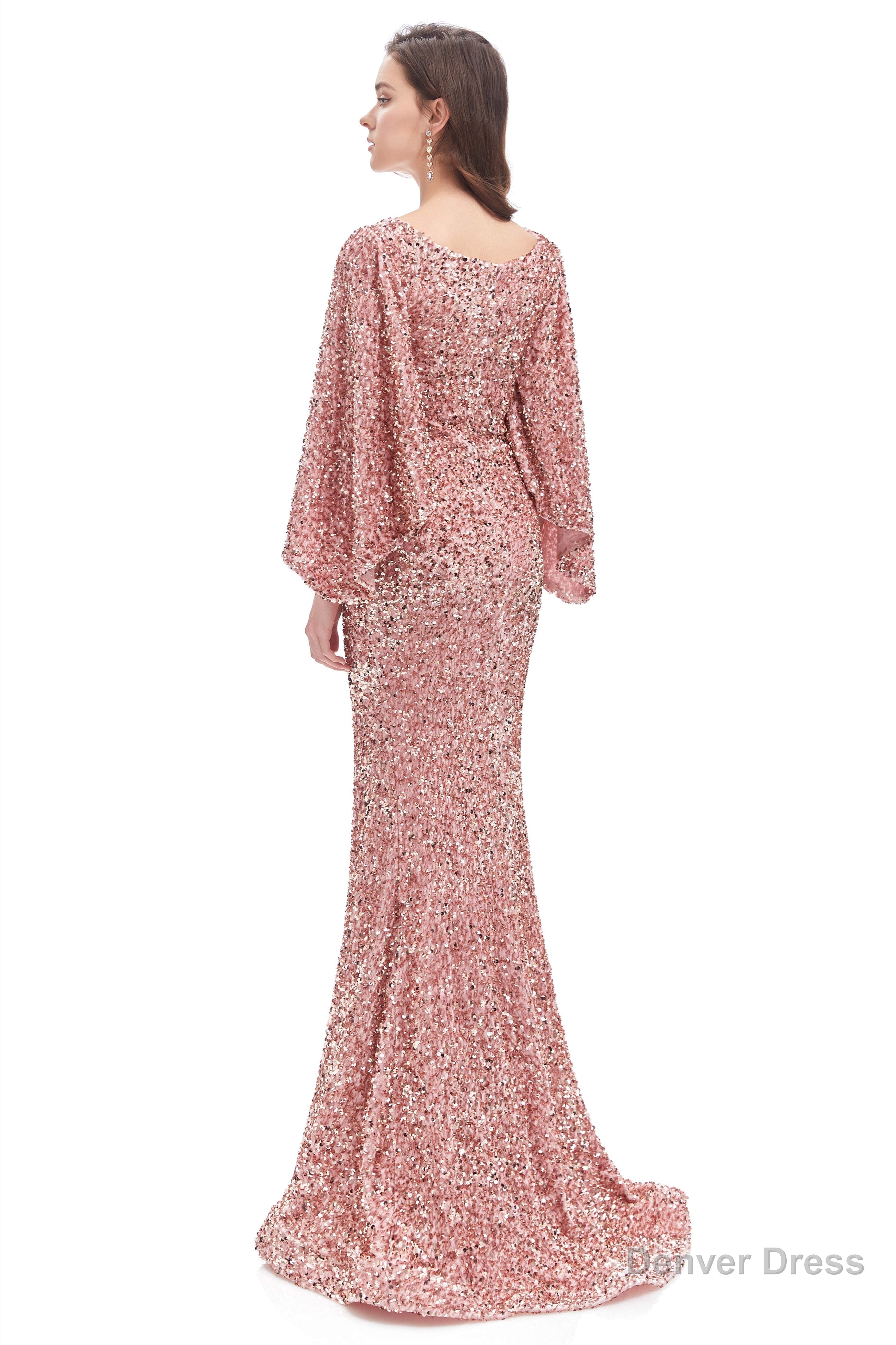 V Neck Sequins Mermaid Prom Dresses with Sleeves