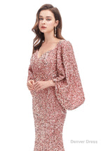 V Neck Sequins Mermaid Prom Dresses with Sleeves