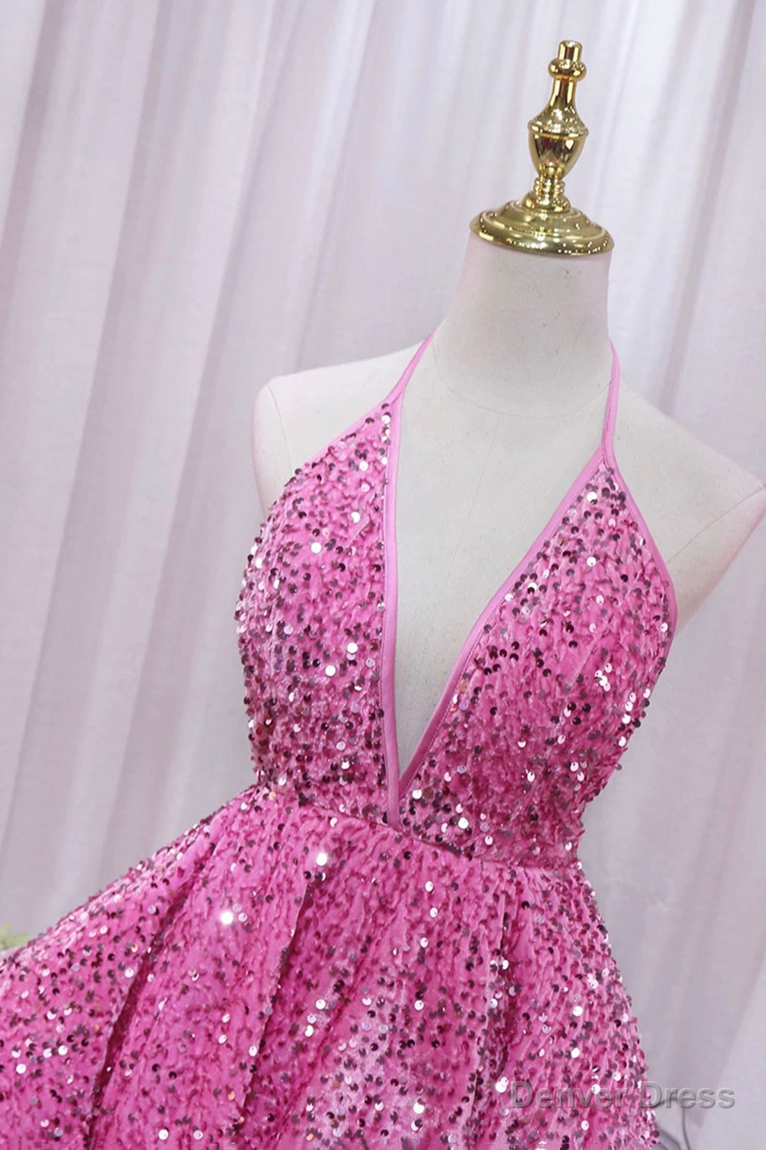 Pink V Neck Sequins Short Prom Dress, Pink A Line Backless Prom Dresses