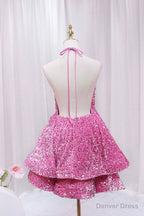 Pink V Neck Sequins Short Prom Dress, Pink A Line Backless Prom Dresses